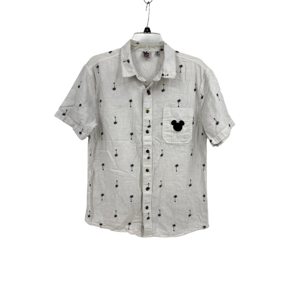 Disney Embroidered Mickey Palm Tree Hawaiian Shirt White Short Sleeve Mens M